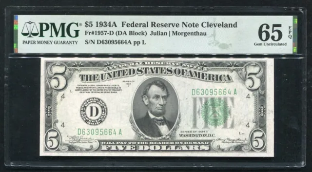 Fr. 1957-D 1934-A $5 Frn Federal Reserve Note Cleveland, Oh Pmg Gem Unc-65Epq