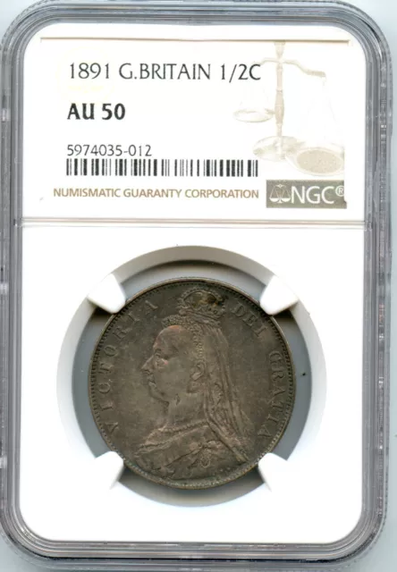 Toned Silver 1891 Great Britain 1/2 Half Crown | NGC AU50