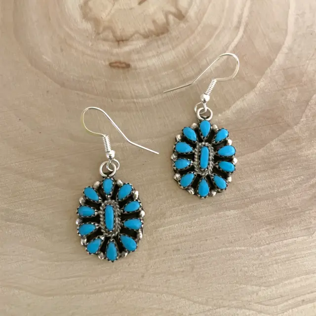 Native American Navajo Sterling Silver Turquoise Cluster Dangle Earrings