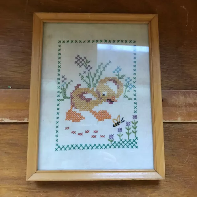 Vintage Hand Made Cross Stitched Cute Duck Duckling looking at Bumble BEE Near P