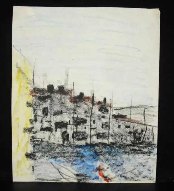 Puerto De Saint Tropez 1958 Dibujo Original Aux Lapiceros Graso Provenza 29CM