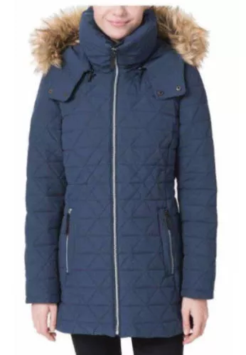 NEW Andrew Marc New York Quilted Coat With Faux Down Hood Navy Size Small