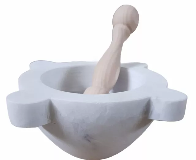 Mortaio Marmo Bianco Diam.20 Cm Pestello In Legno  White Marble Mortar D. 18cm