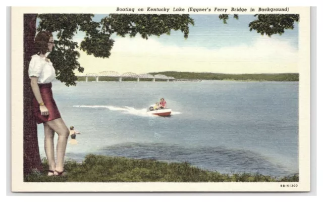 Postcard Linen KY Lake People Water View Boating Eggners Ferry Bridge Kentucky