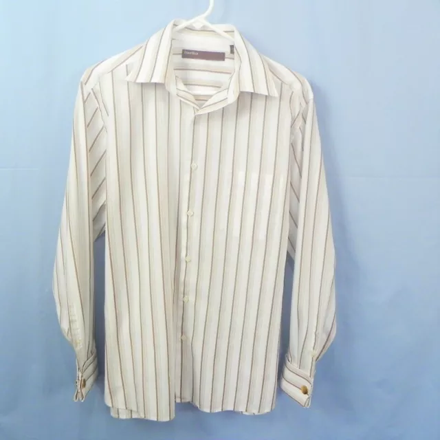 Perry Ellis Medium White Striped Cotton Button Up Long Sleeve French-Cuff Shirt