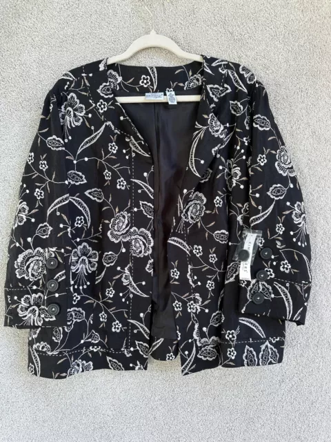 Kim Rogers Jacket Womens 2X Linen Signature Woman Open Paisley Black Floral NWT