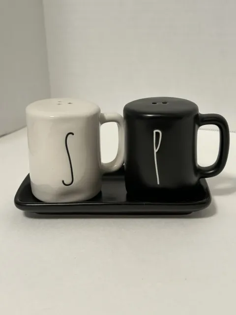 NEW Rae Dunn Ceramic Salt & Pepper Mug Shape Shaker Set w/Tray Black & White C1