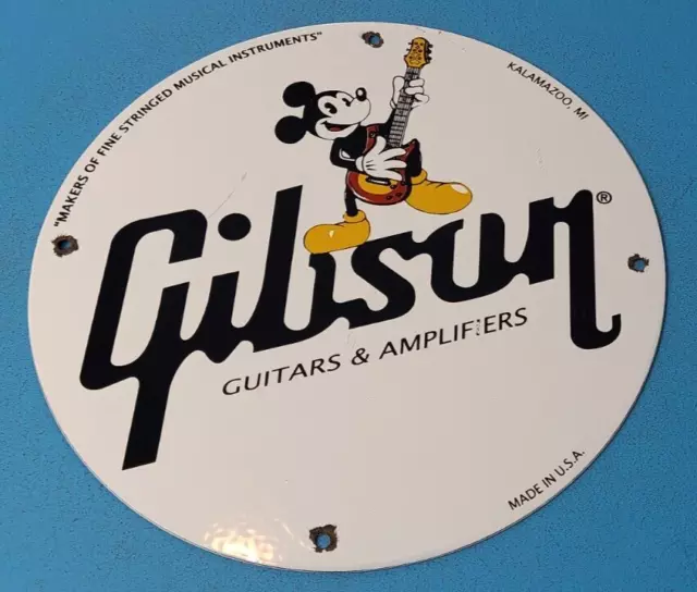 Vintage Gibson Guitars Porcelain Mickey Mouse Music Instrument Gas Pump Sign