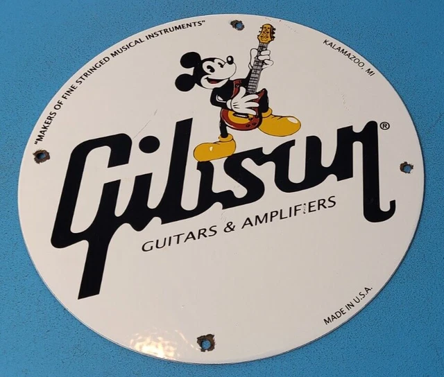 Vintage Gibson Guitars Porcelain Mickey Mouse Music Instrument Gas Pump Sign Vintage Gibson Guitars Porcelain Mickey Mouse Music Instrument Gas Pump Sign