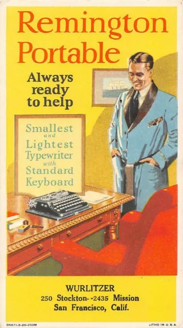 San Francisco, Ca, Wurlitzer's Adv Blotter For Portable Typewriter