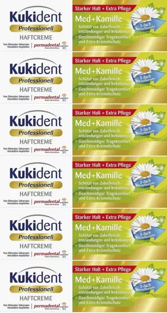 Kukident Professionell Haftcreme 6 x 40g Med + Kamille Extra Pflege Starker Halt