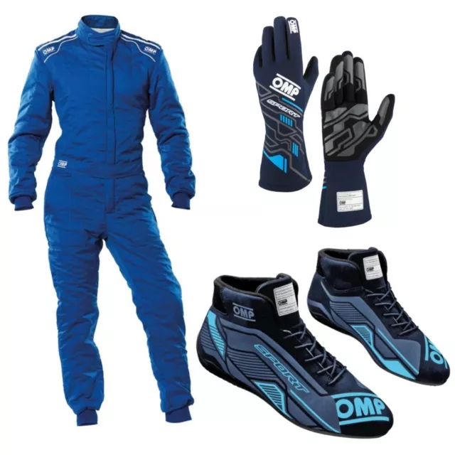 OMP Driver Set Suit Gloves Shoes Bundle for Go Karting and Rally Racing Blue