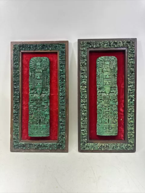 2 VTG Mayan Green Stone Crafted Aztec Wall Plaque Azteca Malachite Wood Mexico