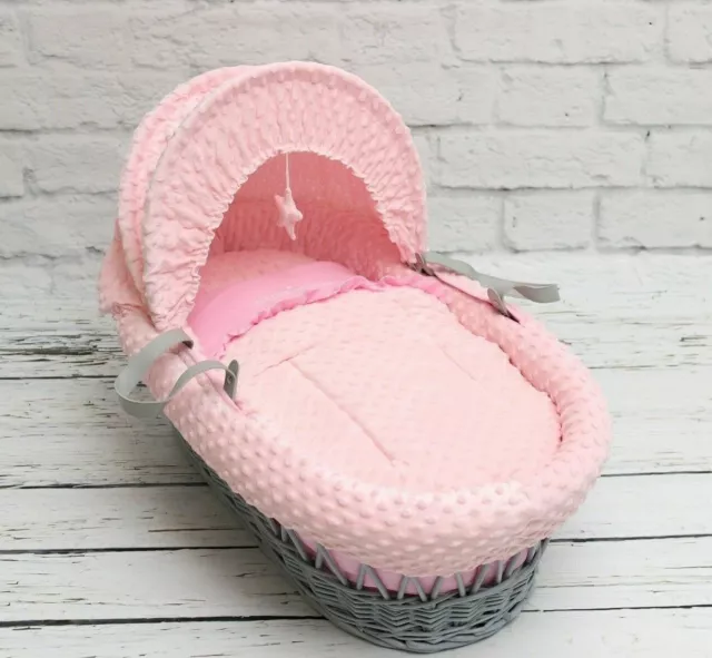 3 Piece bedding set Wicker Moses Basket baby Nursery - Pink Dimple
