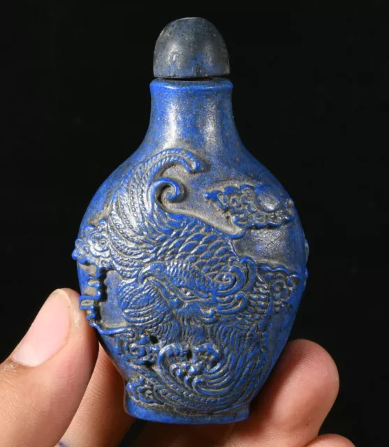 7CM Old Liangzhu Culture lapis lazuli Carve Phoenix Bird Snuff bottle Snuff box