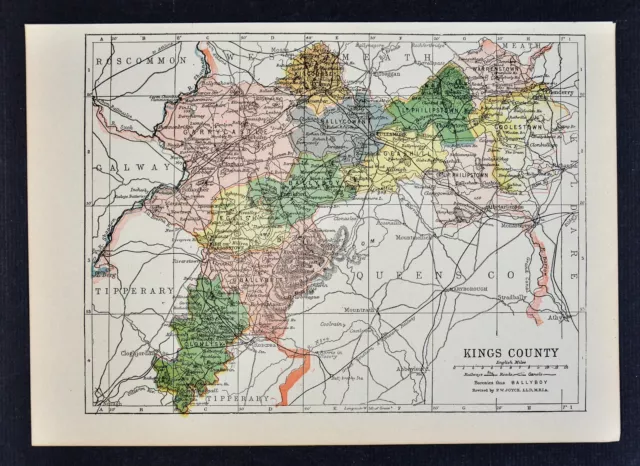 1902 Ireland Map Kings Offaly County Frankford Tullamore Edenderry Birr Ferbane