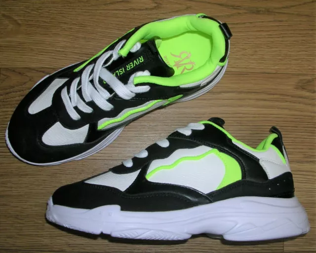 BNWT RIVER ISLAND Boys Black Neon Yellow Shoes Trainers UK 3 Eu 35.5 NEW