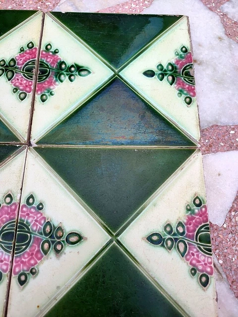 4Pc Antique Majolica Decorative Flower Design Nouveau Architecture Tiles,England 3