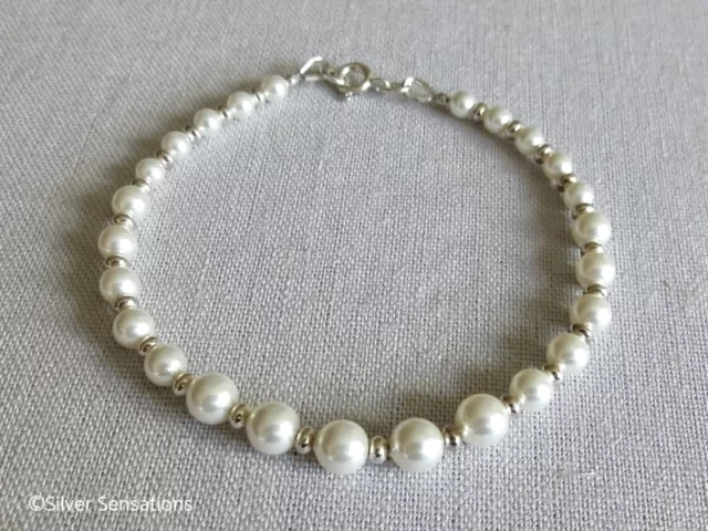 Graduated White Swarovski Pearls & Sterling Silver Handmade Bridal Bracelet