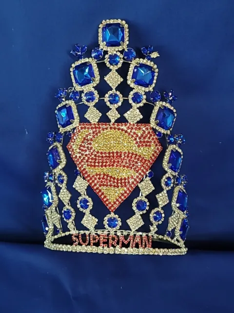 Large Tall 9.5" Crown "Superman"Tiara Blue Rhinestones Drag Queen Beauty Pageant
