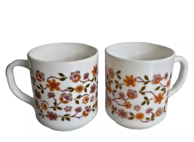 2 x Arcopal Scania Stacking Mug Orange Floral Retro 1970s 3.5" x 3"