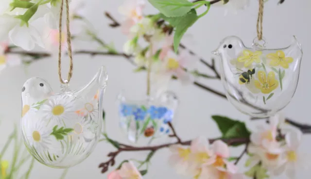 Gisela Graham Easter Glass Buttercup Daisy Forget-Me-Not Bird Decoration X 2