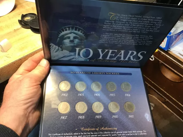 10 Years of Liberty Nickels 1902-1911 In  a Display Folder with COA