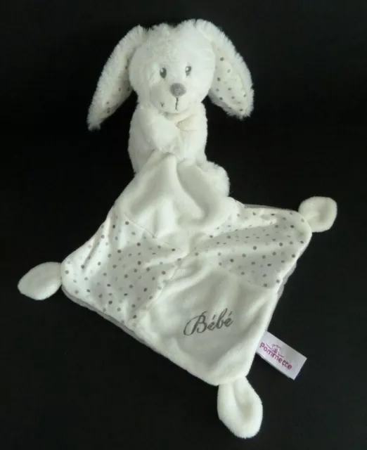 C. Doudou Peluche Pommette Lapin Blanc Mouchoir Gris Pois Bebe - Etat Neuf