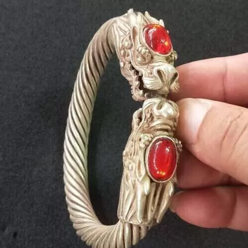 Old Chinese tibet silver inlay red jade carved dragon head Bracelet