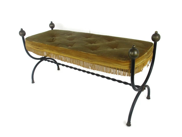 Vintage Footstool Ottoman Piano Stool Wrought Iron Twisted Brown Fabric Countryh