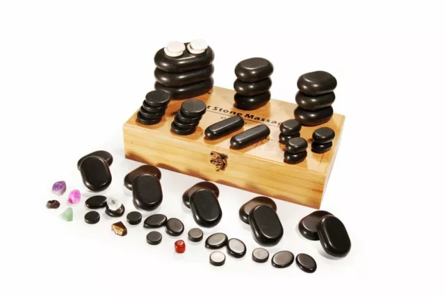 Master Massage Hot Stone Set Basalt Massagesteine 60St inkl 7Chakra Bambuskiste