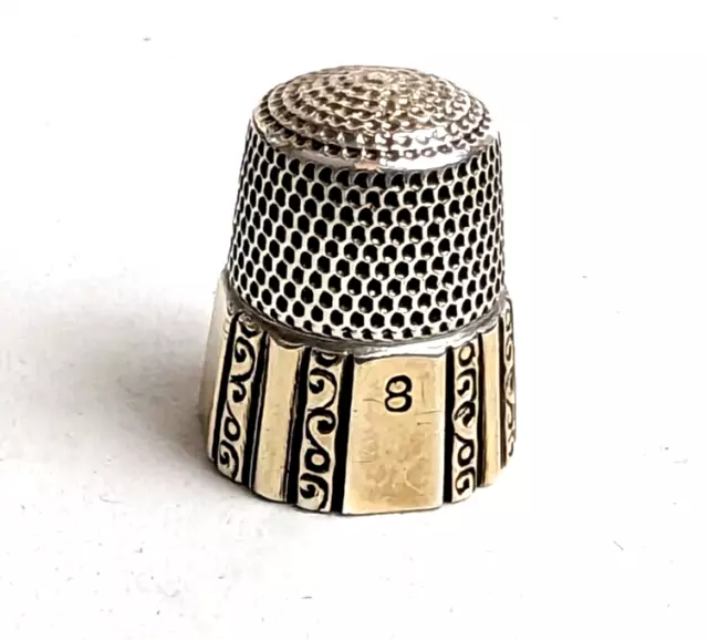 Antique Sterling Silver Gold Band Simons Brothers Size 8 Thimble With Etching