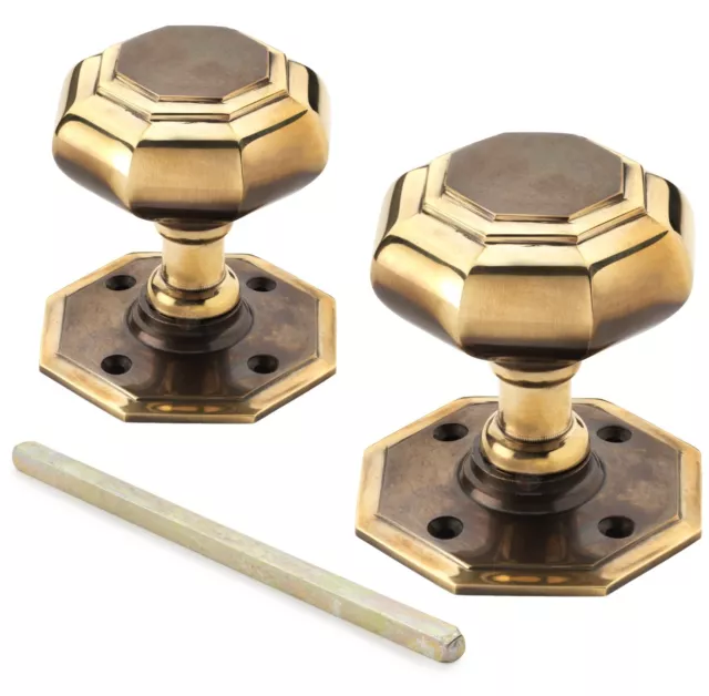 Aged Solid Brass Octagonal Mortice Door Knobs Solid Brass Pair of New Large Set