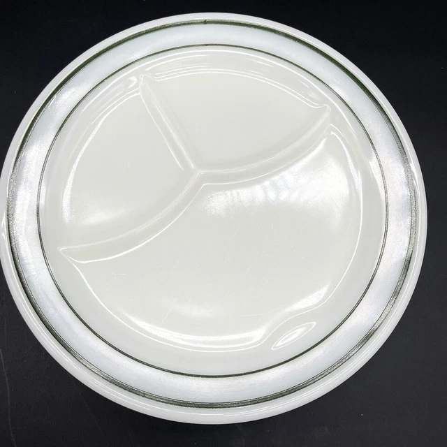 7 PYREX VINTAGE Divided Dinner Plates Milk Glass Green Stripes 78117