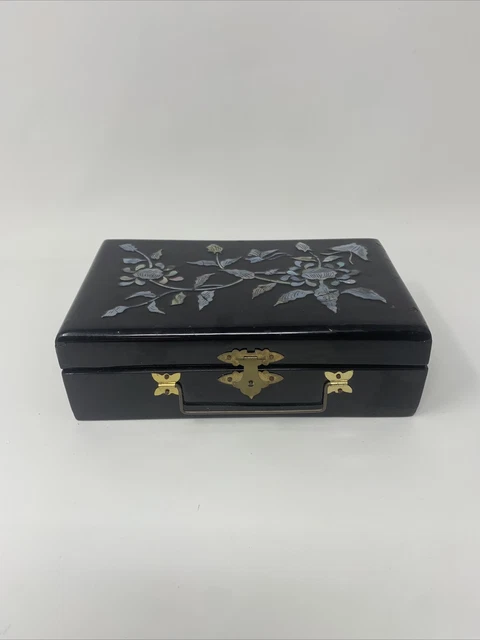 Asian Jewelry Box Black Lacquer Mother of Pearl Inlay Butterfly Floral Vintage