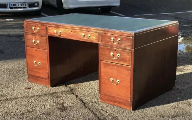 Mahogany Pedestal Desk, Brass Handles, New Green Top. LARGE IN SIZE 2