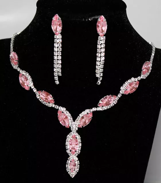 2-teiliges Strass-Schmuckset Damen Ohrringe, Kette Collier Strass rosa NEU