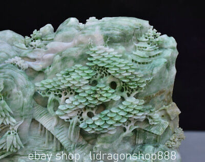 8.8 "Chinois Naturel Dushan Jade Sculpté Montagne Arbre Bambou Pont Statue Y 2