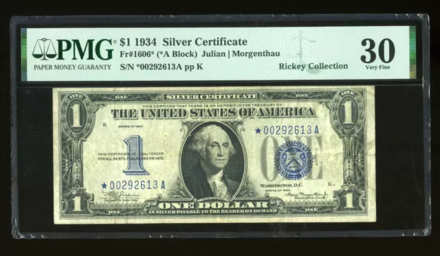 DBR 1934 $1 Silver Funnyback STAR Fr. 1606* PMG 30 Serial *00292613A
