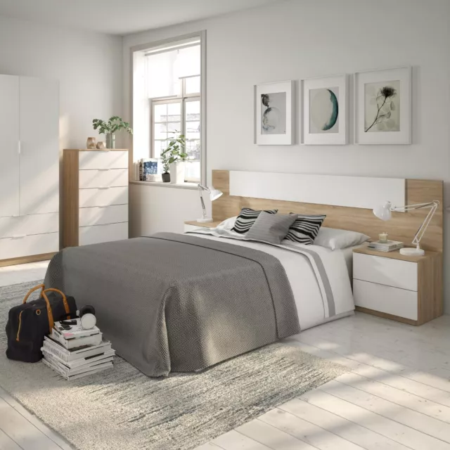 Tête de Lit avec 2 Tables de Chevet Bois Naturel Hêtre Finition Blanche Chambre 3