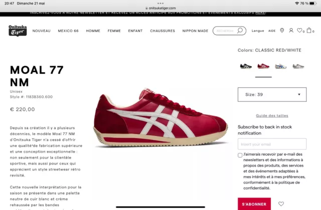 Onitsuka Tiger MOAL 77 NM, Nippon made,  taille 39, rouge, comme neuves