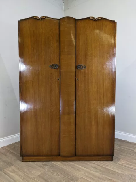 DOUBLE WARDROBE Large Two Door Oak 2 Hanging Rails Hat Shelf Ornate Lock And Key