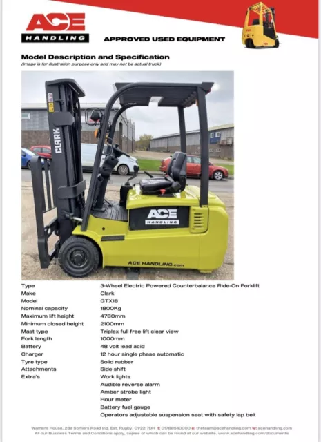 Clark GTX18 1.8t 3W Container Spec Forklift Hire-£47.50pw Buy-£6750 HP-£33.71pw