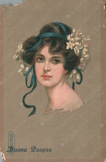 Buona Pasqua Ritratto donna con nastro e fiori sui capelli Cartolina E. COLOMBO