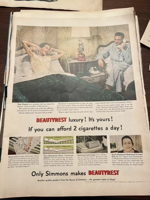 1950 Simmons Beautyrest Mattress Vintage Original Magazine Print Ad