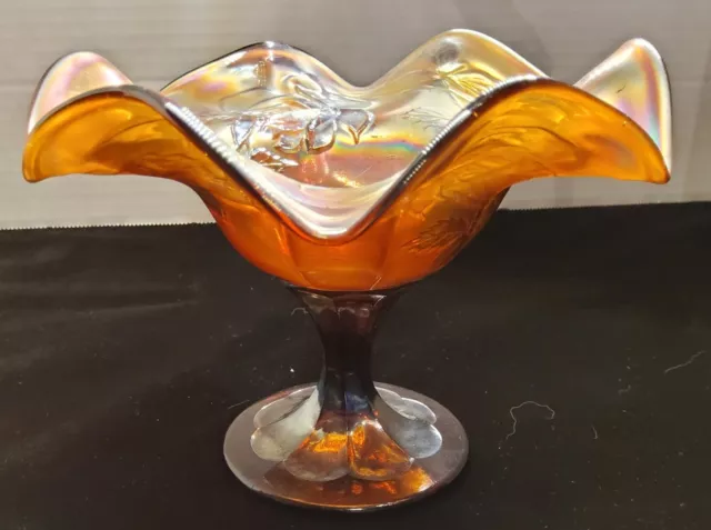 Antique Marigold Carnival Iridescent Compote Glass Ruffled Candy Dish