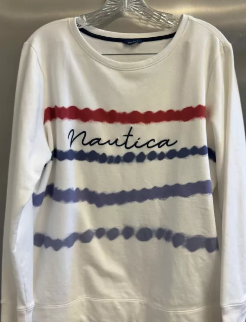 NAUTICA Women's White Sweatshirt Size Large L Soft Red Blue Stripes Logo