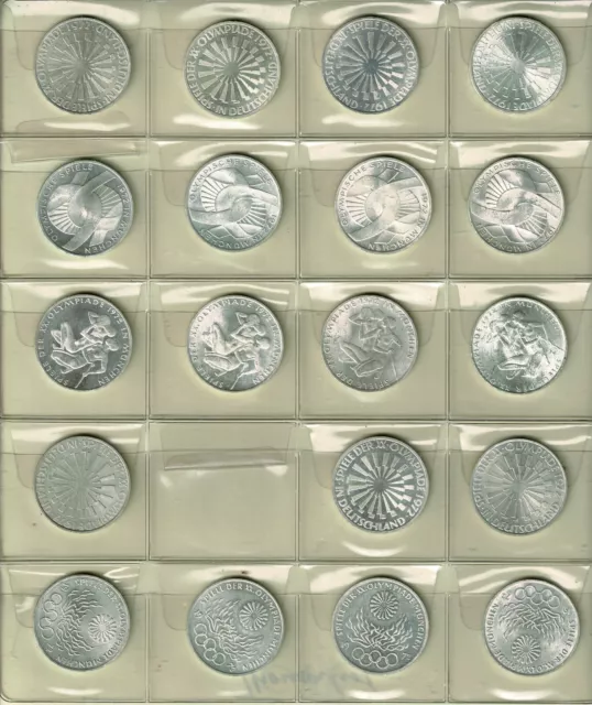 19 x 10 DM Olympiade 1972 München - 4 komplette Sätze + 3 Münzen - Silber 625
