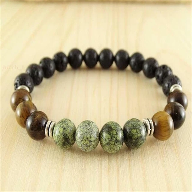 8mm Lava Stone Tigers Eye Gemstone Bracelet 7.5 inches Buddhism Cuff Yoga Lucky