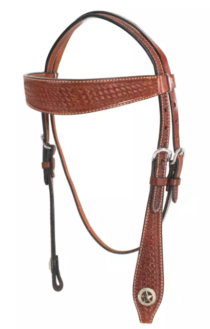 Cowboy Pro Pecan Heavy Duty Basket Stamped Wide Brow Band Headstall Horse Tack